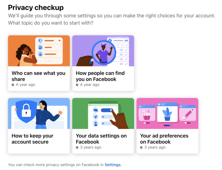 a screenshot of the Privacy Checkup page within Facebook, Spring 2024